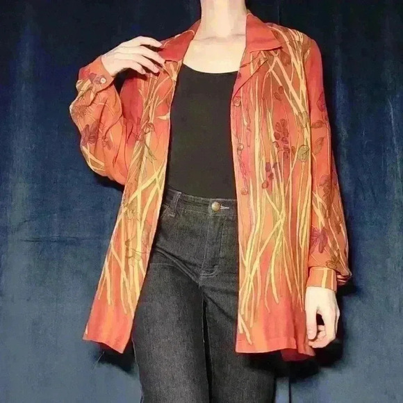 Vintage 90s  orange autumn leaves flowy button-up shirt - Picture 3 of 16